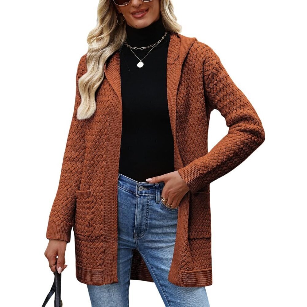 Womens Hooded Cable Knit Cardigan Sweater Open Front Fall Jacket Large